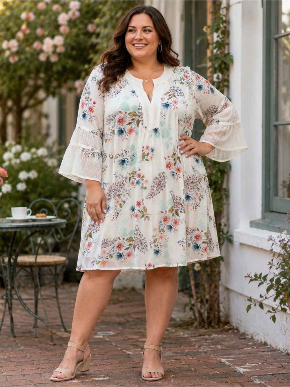 Signature Studio Floral Paisley Swiss Dot Bell Sleeve Dress 3X NWT